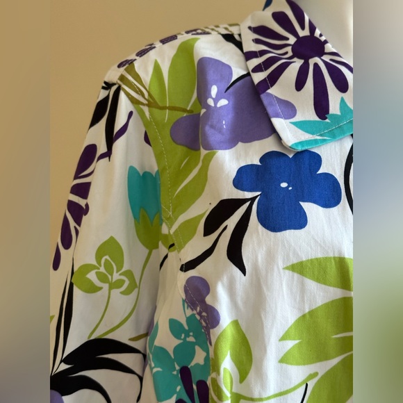 SUSAN GRAVER White W Purple Green Blues Floral Print Metal Buttons Jacket SZ 3X - Picture 3 of 13
